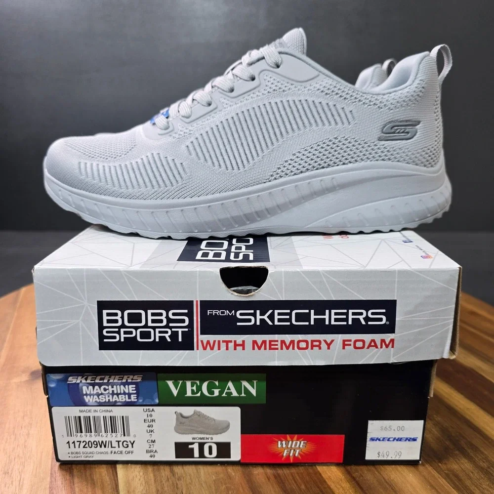 Skechers Bobs Squad Chaos Face Off Womens 10 Wide Light Gray‎ Vegan Memory Foam
